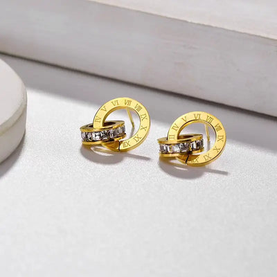 Stainless Steel Waterproof No Fading Gold Color Rhinestone Roman Numerals Earrings  For Women