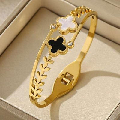 Golden Clover Bangles with Black & White Stones – Gold Plated Bloome