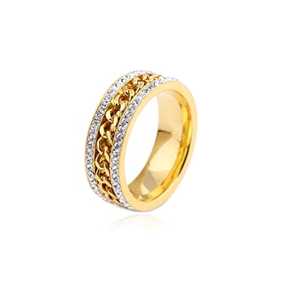 Gold Dioro Chain Spark Ring featuring a bold chain link center framed by sparkling cubic zirconia, crafted from anti-tarnish stainless steel with a glossy polished finish.