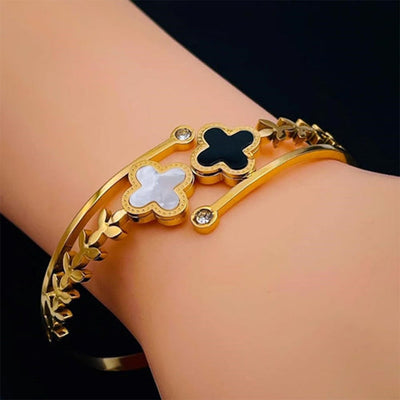 Golden Clover Bangles with Black & White Stones – Gold Plated Bloome