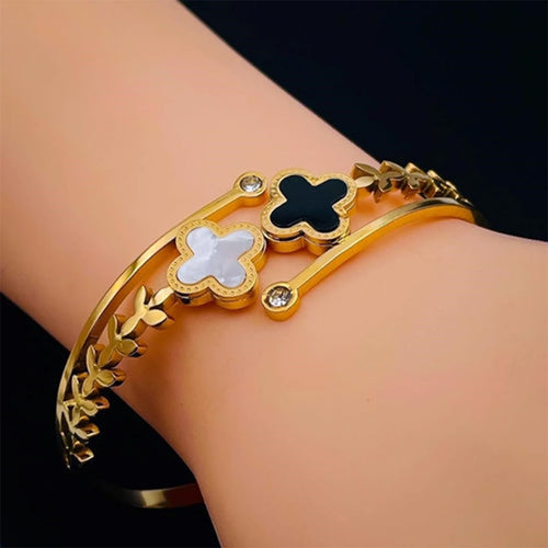 Golden Clover Bangles with Black & White Stones – Gold Plated