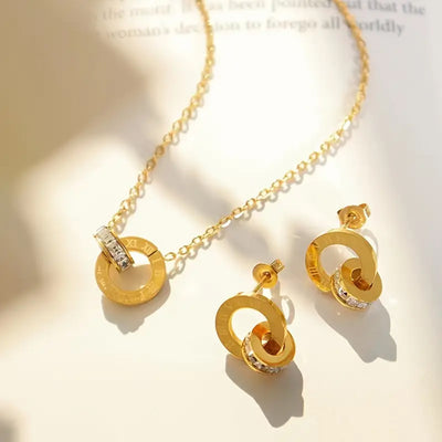 Rhinestone Roman Numerals Necklace and Earrings Set – Gold Stainless Steel Jewelry for Women