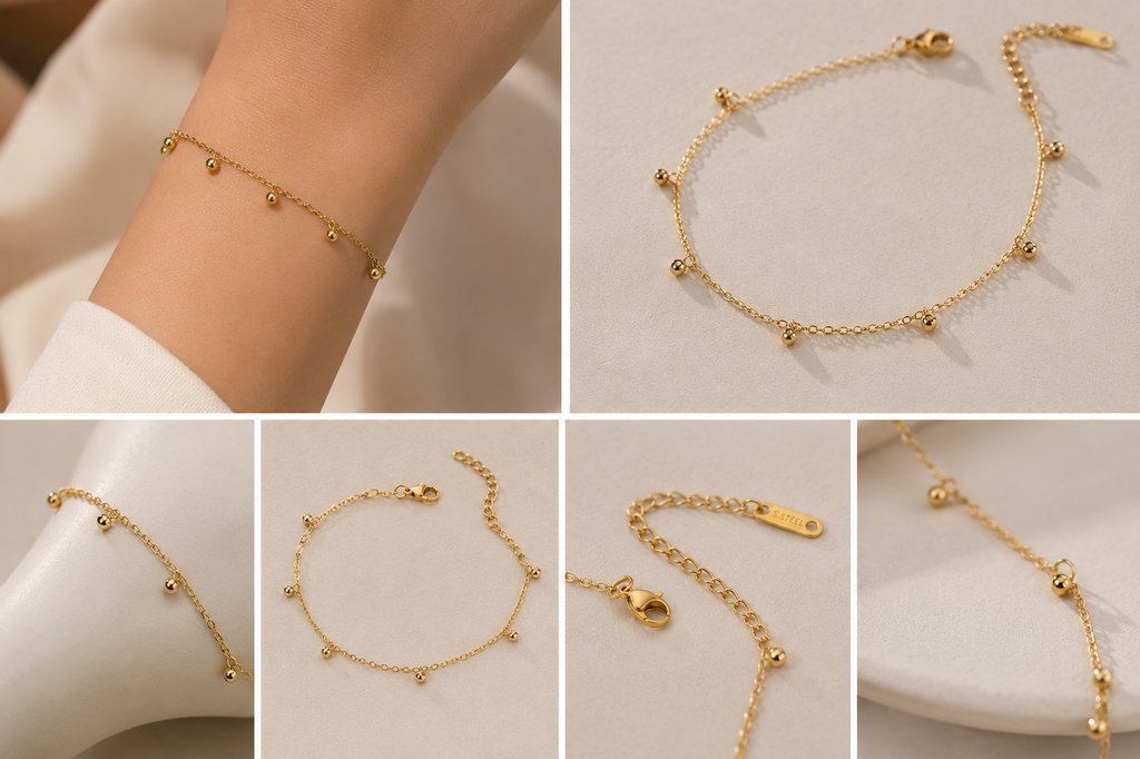 Dainty Beaded Ball Bracelet – Gold Stainless Steel Bracelet Bloome
